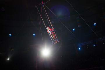 performance of air acrobats in the circus