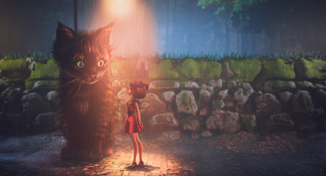 Little fluffy kitten sitting under a street lamp on rainy evening. Girl in a red dress standing near a giant cute kitty. Surreal image of a big kitten looks with curiosity at a little girl. 3d render