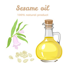 Sesame oil in a glass bottle isolated on white background. Branch sesame plants, flower and seeds. Vector illustration in cartoon simple flat style.