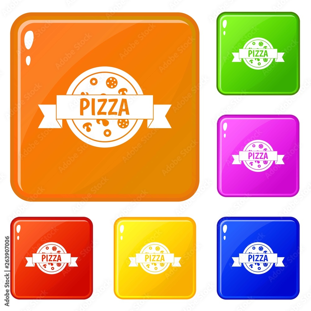 Aufkleber pizza label with ribbon icons set collection vector 6 color isolated on white background