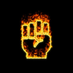 The symbol fist raised burns in red fire