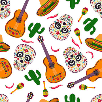 mexican seamless pattern on white background. Skull, guitar, maracas, cactus, chili pepper, sombrero. Vector illustration in cartoon simple flat style.