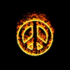 The symbol peace burns in red fire