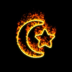 Fototapeta premium The symbol star and crescent burns in red fire