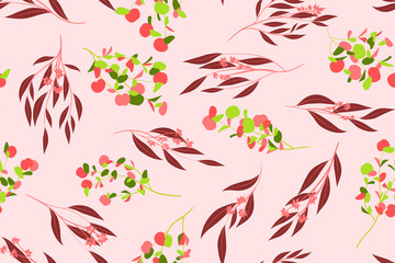 Eucalyptus Seamless Pattern. Summer Background in Pastel Color Design. Vector Branches with Leaves. Beautiful Floral Elements. Tropical Palm. Eucalyptus Seamless Pattern for Fabric, Wrapping, Print.