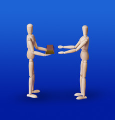 Wooden toy figures with gold on blue