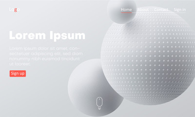 White web homepage template with icons and 3d balls pattern.