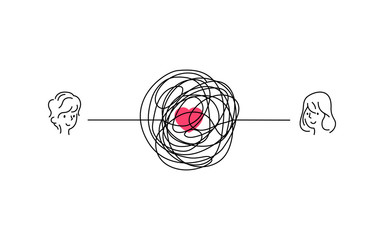happy couple with complicated love relationship illustration. smile boy and girl face with messy line connection. tangled scribble line vector path doodle design.