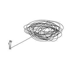 standing man with complicated problem must be solved ahead illustration. businessman with difficult way process await. tangled scribble line vector path doodle design.