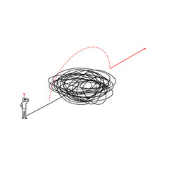 solution looking for complicated problem illustration. businessman looking for ways to success symbol. tangled scribble line vector path doodle design.