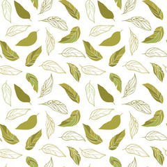 Leaves background. Vector seamless pattern with hand drawn leaves outlines. Simple shapes on white background.