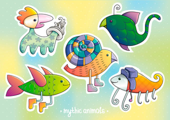Cartoon animals. Mythic animals set. Colorful stickers.