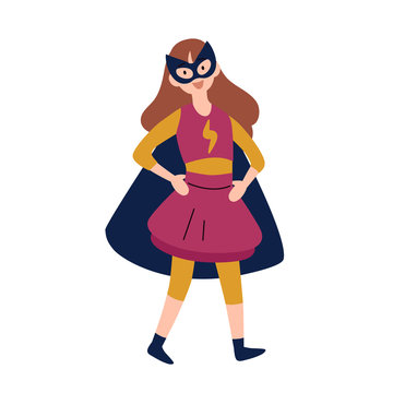 Girl wearing colorful costume of superhero. Vector.