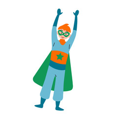 Boy wearing colorful costume of superhero. Vector.