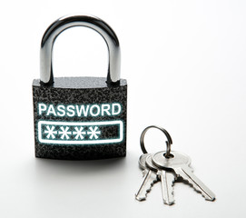 durable padlock with password with keychain on white