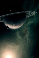 science fiction space scene, planet with rings and sattelites in bright sun light, dust and nebula in background digital illustration
