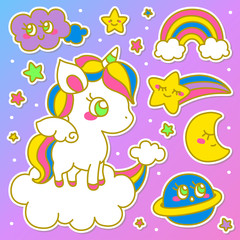 Set of Decorative Fashion Patches, Badges, or Pins. Unicorn, Rainbow, Cloud, Star, Half Moon, Planet.