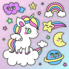 Set of Decorative Fashion Patches, Badges, or Pins. Unicorn, Rainbow, Cloud, Star, Half Moon, Planet.