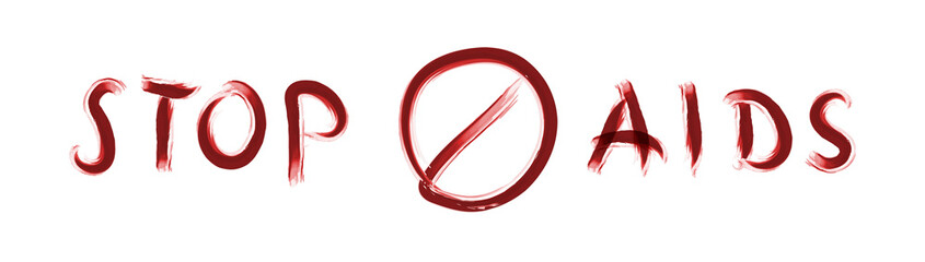 Stop AIDS lettering with prohibition sign made with blood like liquid. Vector illustration for anti-AIDS campaign.