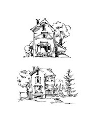 Rural sketch andscape. Vector illustration. Ink hand drawing landscape.