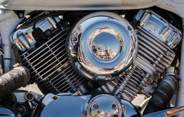 chromed chopper motorcycle engine closeup