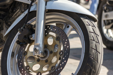 front wheel of a sports bike close up