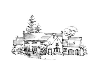 Rural sketch andscape. Vector illustration. Ink hand drawing landscape.