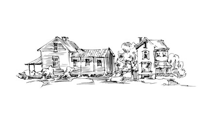 Fototapeta premium Rural sketch andscape. Vector illustration. Ink hand drawing landscape.
