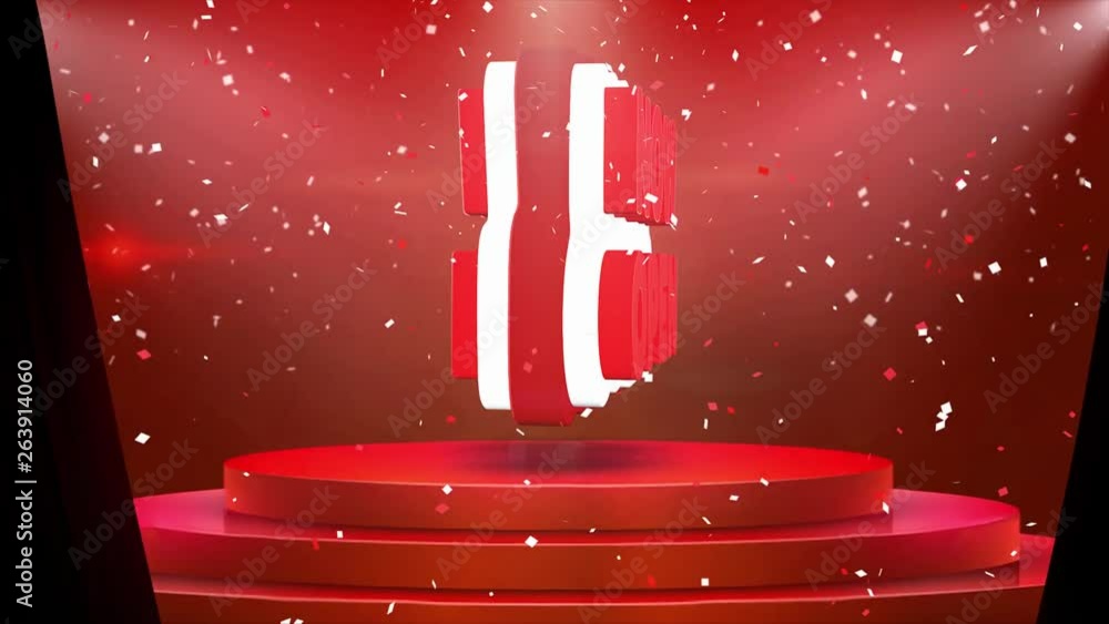 Poster now open text animation on 3d stage podium carpet. reval red curtain with abstract foil confetti bla