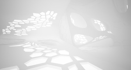 Abstract parametric white interior with neon lighting. 3D illustration and rendering.