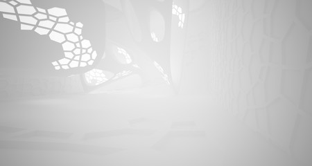 Abstract parametric white interior with neon lighting. 3D illustration and rendering.