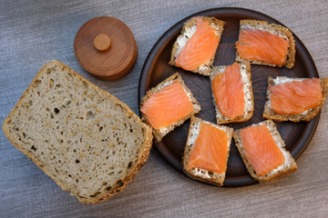 Small sandwiches on homemade bread with butter and red fish