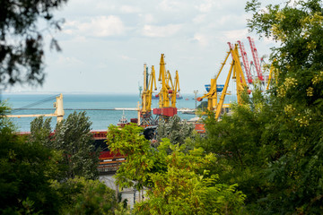 Naklejka premium sea shipping port in the city of ODESSA; Ukraine. unloading and loading cranes