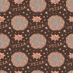 Vector seamless pattern with Pizza elements on a dark background.