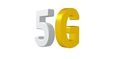 3D illustration of 5G text on white background. High speed transmission and telecommunication concept. 3D rendering.
