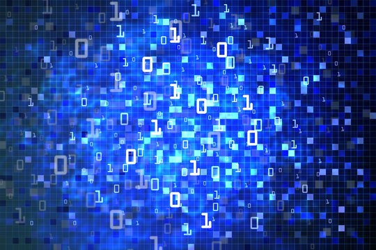 Data cloud computer binary data matrix. vertical digital binary code moving motion downward. light up blue one and zero text flowing down. black background pixels space with multiple layers coding.