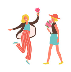 Holiday celebration vector, woman wearing stylish hat walking with roses bouquet gathered in wrapping. Female jumping of happiness isolated people