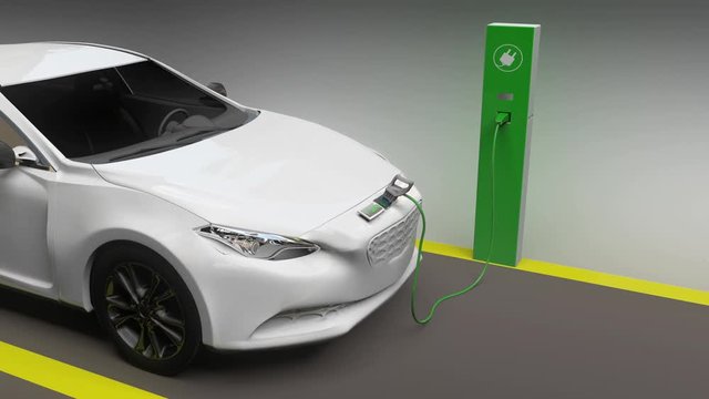 Electric car, charging station, wind turbines.