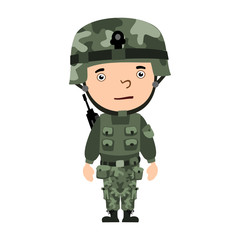 Soldier in cartoon style standing isolated on white background.