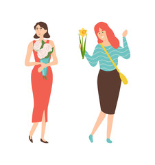 Obraz premium Elegant women with spring flower bouquets celebrate 8 March holiday. Vector female people with blooming gifts, gorgeous bunches flat style illustration