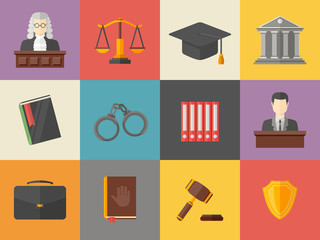 Law and Justice icons set illustration in flat style.Vector pictogram