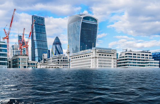 Digital manipulation of flooded City of London, UK - global warming, climate change concept