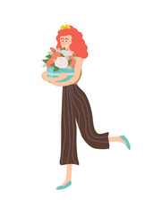 Roses placed in box vector, isolated woman cuddling present on international womens day. Beautiful female with flowers and foliage in round container