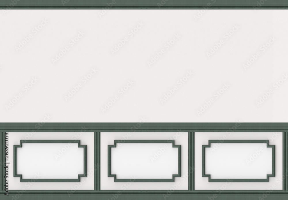 Poster 3d rendering. modern retro green classical shape pattern frame on white wall background.