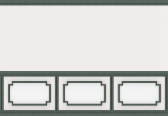 3d rendering. modern retro green classical shape pattern frame on white wall background.