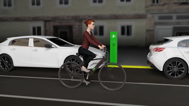 Woman riding an e-bike on the street. E-cars charge their batteries.