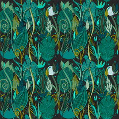 Seamless pattern with leaves and flowers, green tropical hipster illustration