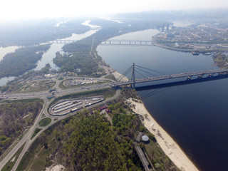 Moscow Bridge across Dnepr River, photo from drone.  Kiev,Ukraine 