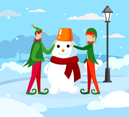 Cute Elves Santa Claus Helper Making Funny Snowman