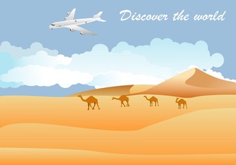 Travel concept, desert sand dunes, camels caravan silhouettes, vector